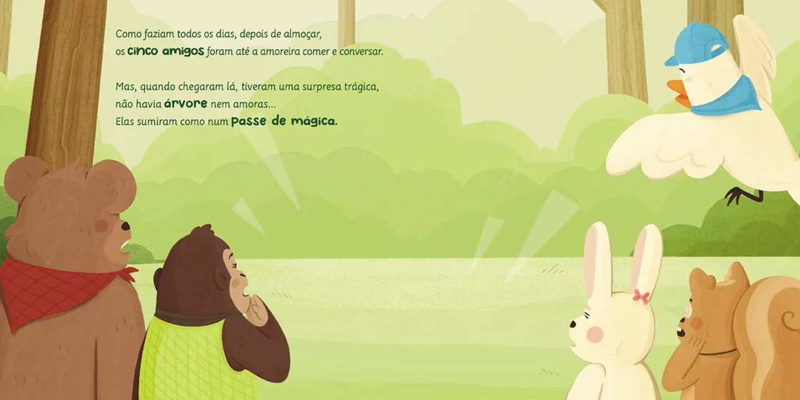 Páginas 6 e 7: os cinco amigos chegam e descobrem que a amoreira sumiu