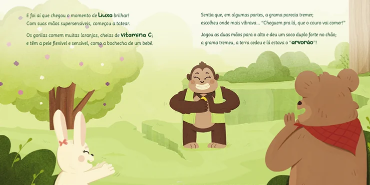 Páginas 18 e 19: a gorila Liuxa tateia o chão em busca da amoreira